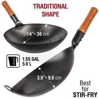 Black wok with wooden handles and measurements on a white background