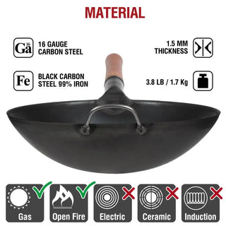 Black wok with material specifications on a white background