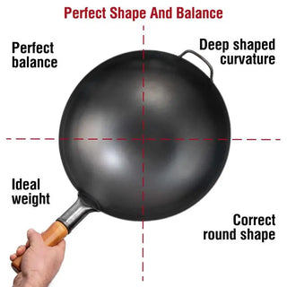 Black wok held by a hand with text highlighting its features on a white background