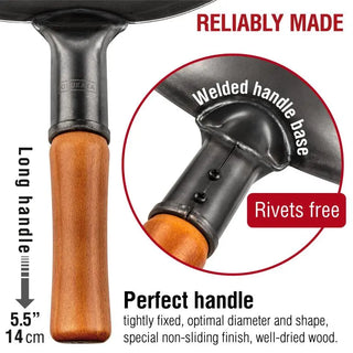 Wok handle with wooden handle and metal ferrule, highlighting 'Reliably Made' features.