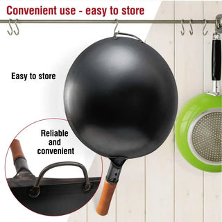 Black frying pan with wooden handle hanging on a rack with text about convenience and storage.