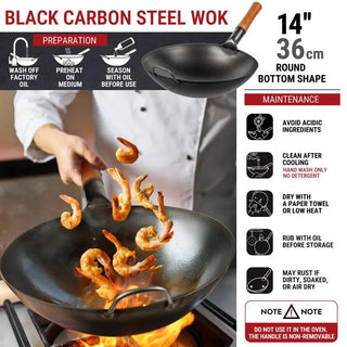 Black carbon steel wok being used to cook shrimp with preparation and maintenance instructions.