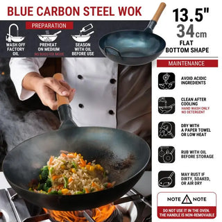 Blue carbon steel wok with cooking demonstration and usage instructions.