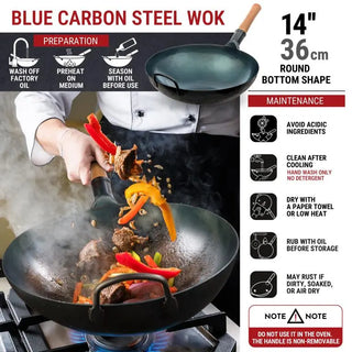Yosukata 14-inch pre-seasoned blue carbon steel round bottom wok, alternate view 3