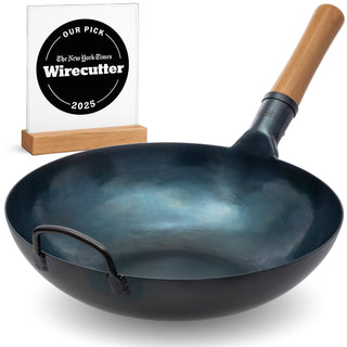 Yosukata 13.5-inch pre-seasoned blue carbon steel flat bottom wok with welded wooden handle