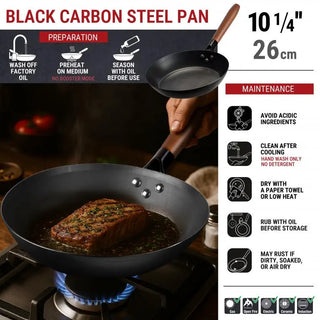 Black carbon steel pan with cooking instructions and salmon dish on a stove.