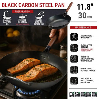 Black carbon steel pan with salmon cooking on a stove, accompanied by preparation and maintenance instructions.