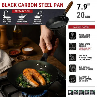 Black carbon steel pan with cooking salmon, preparation and maintenance instructions on a white background.