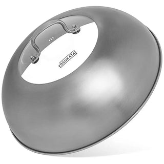 Yosukata 13.6-inch stainless steel wok lid with tempered glass insert, steam holes, and steel handle