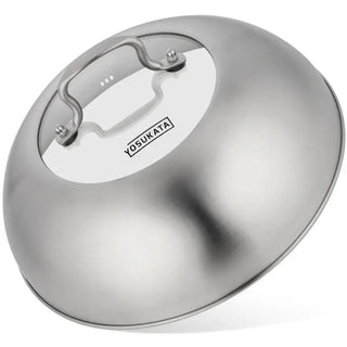 Yosukata 11.4-inch stainless steel wok lid with tempered glass insert, steam holes, and ergonomic handle