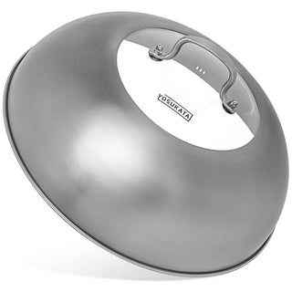 Yosukata 12.8-inch stainless steel wok lid with tempered glass insert, steam holes, and ergonomic handle
