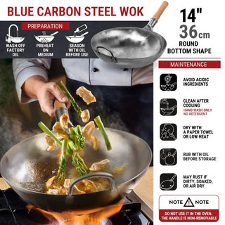 Blue carbon steel wok with cooking demonstration and usage instructions.