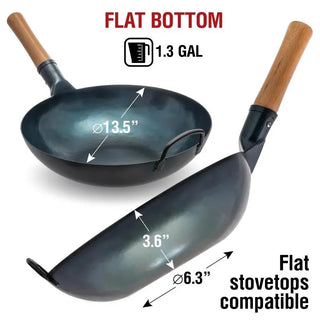 Wok with wooden handles and measurements on a white background