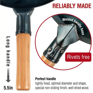 Wok with wooden handle and text highlighting features like 'Reliably Made' and 'Perfect handle'.