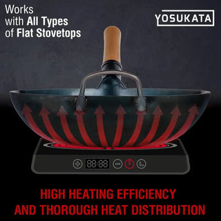 Wok on a stovetop with heating elements and YOSUKATA branding