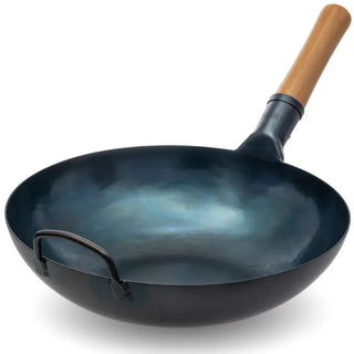 Yosukata 13.5-inch pre-seasoned blue carbon steel flat-bottom wok
