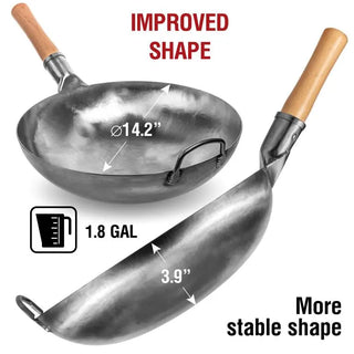 Wok with wooden handles and measurements on a white background
