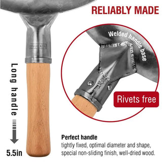 Metal tool with wooden handle, highlighting welded handle base and rivets free feature.