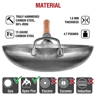 Carbon steel wok with material specifications on a white background