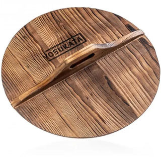 Yosukata 14-inch fir wood wok lid with carbonized finish, beveled edge, and long wooden handle