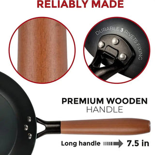 Frying pan with a premium wooden handle, highlighting durability and size.