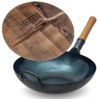 Yosukata Wok Set 13.5 Blue Carbon Steel with Wooden Lid