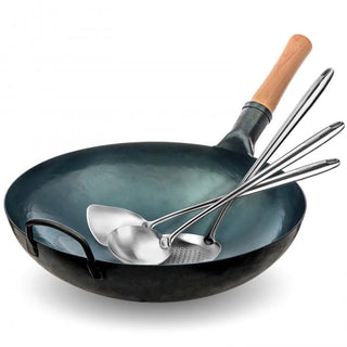 Yosukata Wok Set 14 Blue Carbon Steel with Spatula, Ladle & Skimmer