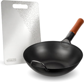 Yosukata 11.8-inch flat bottom carbon steel wok with stainless steel cutting board
