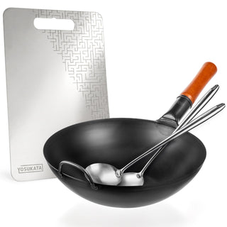 Yosukata 13.5-inch black carbon steel wok with stainless cutting board, spatula and ladle