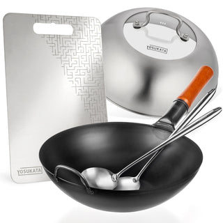 Yosukata 13.5-inch black carbon steel wok set with stainless cutting board, lid, spatula and ladle