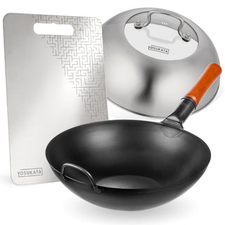Yosukata 13.5-inch black carbon steel wok with stainless cutting board and stainless steel lid
