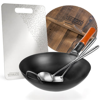 Yosukata 13.5-inch black carbon steel wok set with stainless cutting board, wooden lid, spatula and ladle
