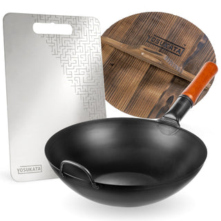 Yosukata 13.5-inch black carbon steel wok with stainless cutting board and wooden lid