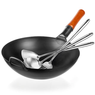 Yosukata 13.5-inch black carbon steel wok set with spatula, ladle and turner