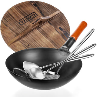 Yosukata 13.5-inch black carbon steel wok set with wooden lid, spatula, ladle and skimmer