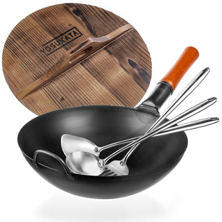 Yosukata 13.5-inch black carbon steel wok set with wooden lid, spatula, ladle and turner