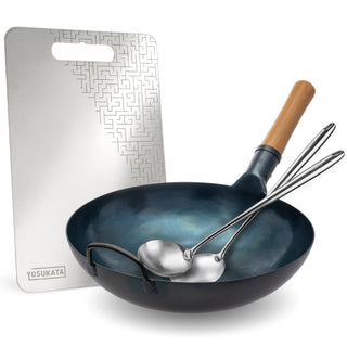 Yosukata 13.5-inch blue carbon steel wok with stainless cutting board, spatula and ladle