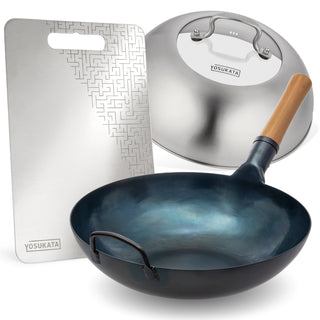 Yosukata 13.5-inch blue carbon steel wok with stainless cutting board and stainless steel lid