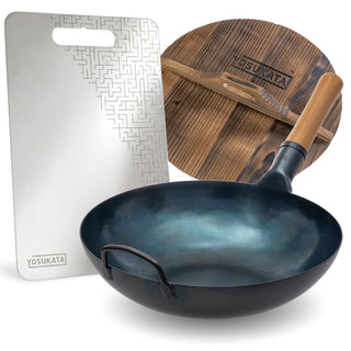 Yosukata 13.5-inch blue carbon steel wok with stainless cutting board and wooden lid