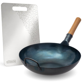 Yosukata 13.5-inch blue carbon steel wok with stainless steel cutting board