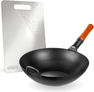 Yosukata 13.5-inch flat bottom carbon steel wok with stainless steel cutting board