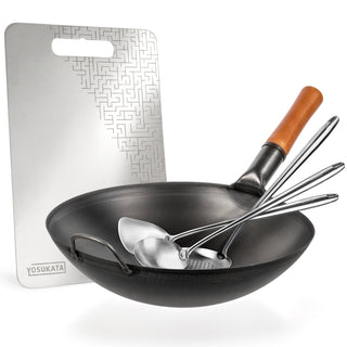Yosukata 14-inch black carbon steel wok with stainless cutting board, spatula, ladle and skimmer