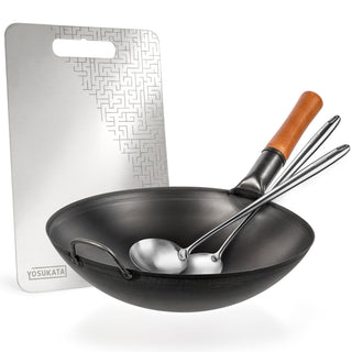 Yosukata 14-inch black carbon steel wok with stainless cutting board, spatula and ladle