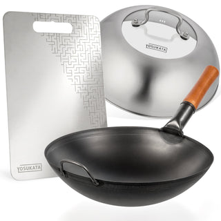 Yosukata 14-inch black carbon steel wok with stainless cutting board and stainless steel lid