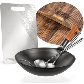Yosukata 14-inch black carbon steel wok set with stainless cutting board, wooden lid, spatula and ladle