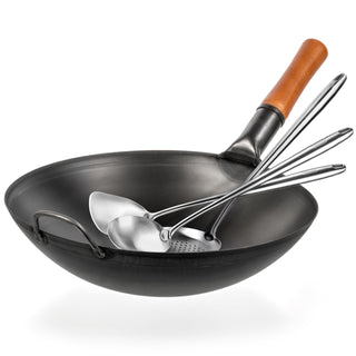 Yosukata 14-inch black carbon steel wok set with spatula, ladle and skimmer
