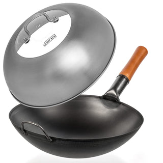 Yosukata 14-inch black carbon steel wok set with stainless steel lid