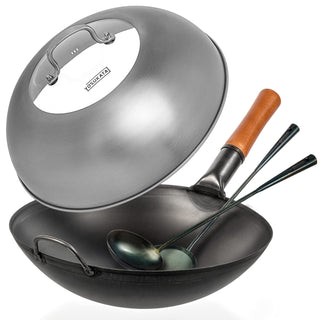 Yosukata 14-inch black carbon steel wok set with stainless steel lid, carbon steel spatula, ladle and chopsticks