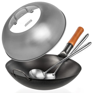 Yosukata 14-inch black carbon steel wok set with stainless steel lid, spatula and ladle