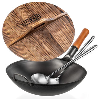 Yosukata 14-inch black carbon steel wok set with wooden lid, spatula and ladle